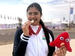 India's Rubina Francis poses with her Bronze Medal after winning the women’s 10m air pistol SH1 final at the Paris Paralympics 2024, in Paris on Saturday.