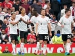 Liverpool's Luis Diaz, left, celebrates with teammates after scoring during the English Premier League soccer match between Manchester United and Liverpool Liverpool's Luis Diaz, left, celebrates with teammates after scoring during the English Premier League soccer match between Manchester United and Liverpool