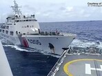 This frame grab shows a Chinese coast Guard ship colliding with Philippine Coast Guard ship BRP Teresa Magbanua near the Sabina Shoal in disputed waters of the South China Sea.  (Photo by Handout / Philippine Coast Guard (PCG) / AFP)