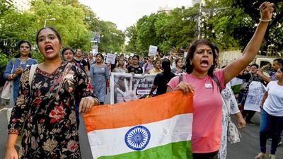 A protest march against the alleged sexual assault and murder of a trainee doctor in Kolkata on Saturday. (PTI) A protest march against the alleged sexual assault and murder of a trainee doctor in Kolkata on Saturday. (PTI)