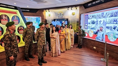 Northern Army Commander Lieutenant General M V Suchindra Kumar during the inauguration of the 'Gul-A-Seum', the Gulmarg Army Museum, at Gulmarg in Baramulla on Sunday. (Gourav/ANI Photo) Northern Army Commander Lieutenant General M V Suchindra Kumar during the inauguration of the 'Gul-A-Seum', the Gulmarg Army Museum, at Gulmarg in Baramulla on Sunday. (Gourav/ANI Photo)