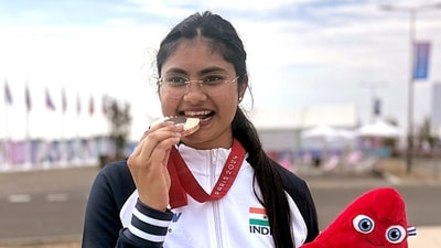 India's Rubina Francis poses with her Bronze Medal after winning the women’s 10m air pistol SH1 final at the Paris Paralympics 2024, in Paris on Saturday. (PCI Media) India's Rubina Francis poses with her Bronze Medal after winning the women’s 10m air pistol SH1 final at the Paris Paralympics 2024, in Paris on Saturday. (PCI Media)