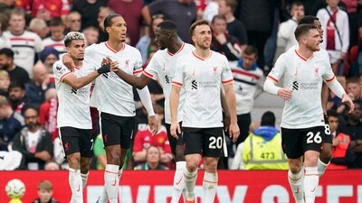 Liverpool's Luis Diaz, left, celebrates with teammates after scoring during the English Premier League soccer match between Manchester United and Liverpool (AP) Liverpool's Luis Diaz, left, celebrates with teammates after scoring during the English Premier League soccer match between Manchester United and Liverpool (AP)