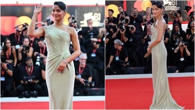 Camila Mendes exuded elegance at the Venice Film Festival in a shimmering Armani Privé gown featuring intricate diamantes, a front knot design, and a floor-grazing hem. She styled the dress with a coiffed bun, dainty diamond jewels, and minimal glam. (AP, AFP ) Camila Mendes exuded elegance at the Venice Film Festival in a shimmering Armani Privé gown featuring intricate diamantes, a front knot design, and a floor-grazing hem. She styled the dress with a coiffed bun, dainty diamond jewels, and minimal glam. (AP, AFP )