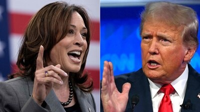 This combination of file pictures created on August 3, 2024 shows US Vice President and 2024 Democratic presidential candidate Kamala Harris speaking on March 26, 2024, in Raleigh, North Carolina; and former US President and Republican presidential candidate Donald Trump speaking in the first presidential debate with US President Joe Biden in Atlanta, Georgia, on June 27, 2024. (AFP) This combination of file pictures created on August 3, 2024 shows US Vice President and 2024 Democratic presidential candidate Kamala Harris speaking on March 26, 2024, in Raleigh, North Carolina; and former US President and Republican presidential candidate Donald Trump speaking in the first presidential debate with US President Joe Biden in Atlanta, Georgia, on June 27, 2024. (AFP)