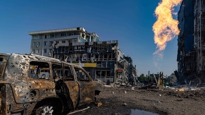 Gas burns in front of a business center damaged by a Russian attack in Kharkiv, Ukraine, Sunday, Sept. 1 2024. (AP Photo/Yevhen Titov) (AP) Gas burns in front of a business center damaged by a Russian attack in Kharkiv, Ukraine, Sunday, Sept. 1 2024. (AP Photo/Yevhen Titov) (AP)