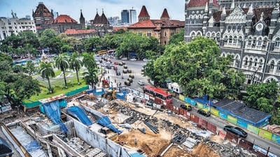 Mumbai, India - July 12, 2023: Heritage and old building in South Bombay were preserved during construction of Hutatma Chowk Underground Metro station. Details on how the engineers built a Metro station below heritage and old buildings on DN road near Fountain in Mumbai, India, on Wednesday, July 12, 2023. (Photo by Satish Bate/ Hindustan Times) (Hindustan Times) Mumbai, India - July 12, 2023: Heritage and old building in South Bombay were preserved during construction of Hutatma Chowk Underground Metro station. Details on how the engineers built a Metro station below heritage and old buildings on DN road near Fountain in Mumbai, India, on Wednesday, July 12, 2023. (Photo by Satish Bate/ Hindustan Times) (Hindustan Times)