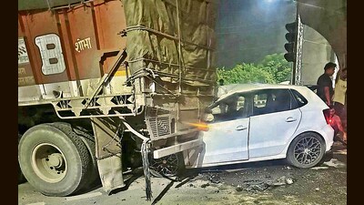 Rajandeep Singh of Nakodar district Jalandhar died in a road mishap after his car crashed into a truck at Ludhiana- Ferozepur road near Circuit house in Ludhiana on Sunday. (HT Photo)