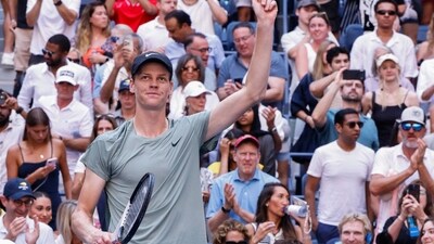 Italy's Jannik Sinner celebrates his victory over Australia's Christopher O'Connell during their men's singles third round match on day six of the US Open tennis tournament at the USTA Billie Jean King National Tennis Center in New York City (AFP)