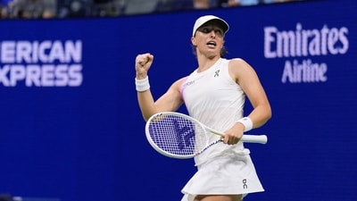 Iga Swiatek, of Poland, reacts after defeating Anastasia Pavlyuchenkova, of Russia, during the third round of the U.S. Open tennis championships, Saturday, Aug. 31, 2024, in New York (AP)