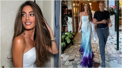 Amal Clooney attended a Cartier event during the Venice Film Festival in a mermaid-inspired strapless gown featuring shimmering tassel embellishments, a corset bodice, and an ombre effect in varying shades of blue. Loose hair, a clutch, dangling earrings, a bracelet, nude brown lips, and striking glam rounded off the styling. (Instagram ) Amal Clooney attended a Cartier event during the Venice Film Festival in a mermaid-inspired strapless gown featuring shimmering tassel embellishments, a corset bodice, and an ombre effect in varying shades of blue. Loose hair, a clutch, dangling earrings, a bracelet, nude brown lips, and striking glam rounded off the styling. (Instagram )
