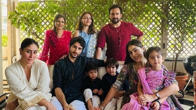 Soha Ali Khan's daughter Inaaya is seen sitting on Sara Ali Khan's lap, beside Taimur and Jeh. 