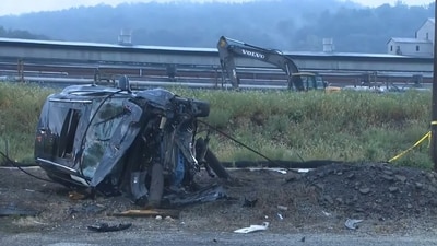 Multiple shots were fired in the State Street area, near a gas station in the suburbs of Pittsburgh, Pennsylvania, on Sunday, August 31, 2024. Scene shows a car flipped over in the aftermath. (CBS News)