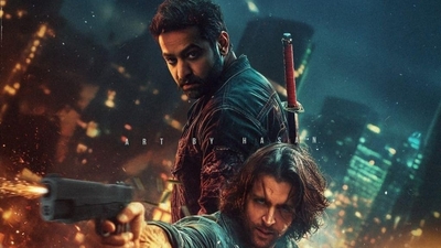 Hrithik Roshan and NTR Jr come guns blazing in the poster of War 2. (All pics: Instagram/ Art by Hasan) 