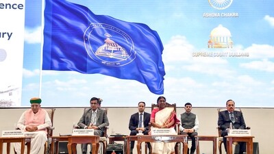 President Droupadi Murmu, Chief Justice of India (CJI) Justice DY Chandrachud, Union Minister of State (I/C) for Law & Justice Arjun Ram Meghwal and Supreme Court Judge Surya Kant during the valedictory session of the 2-day National Conference of District Judiciary organised by the Supreme Court of India, at Bharat Mandapam in New Delhi on Sunday. President Droupadi Murmu, Chief Justice of India (CJI) Justice DY Chandrachud, Union Minister of State (I/C) for Law & Justice Arjun Ram Meghwal and Supreme Court Judge Surya Kant during the valedictory session of the 2-day National Conference of District Judiciary organised by the Supreme Court of India, at Bharat Mandapam in New Delhi on Sunday.