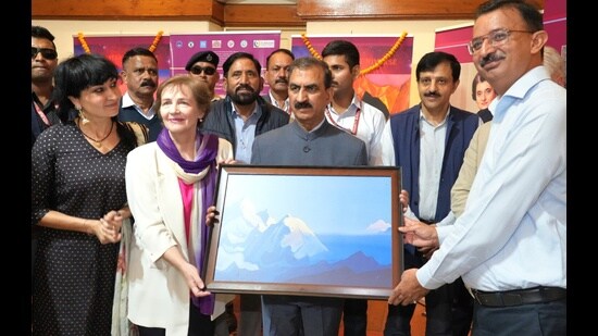 Himachal chief minister Sukhvinder Singh Sukhu on Sunday inaugurated the ‘Master’s Universe’ exhibition at the historic Gaiety Theatre in Shimla, marking the 150th birth anniversary of the esteemed Russian artist, thinker, and peacemaker Nicholas Roerich. (HT Photo)
