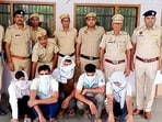 Five of the accused in police custody in Charkhi Dadri on Saturday. (Manoj Dhaka/HT) Five of the accused in police custody in Charkhi Dadri on Saturday. (Manoj Dhaka/HT)