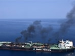 This photo released by the European Union's Operation Aspides naval force shows the Greek-flagged oil tanker Sounion burning in the Red Sea following a series of attacks by Yemen's Houthi rebels on Monday, Sept. 2, 2024. This photo released by the European Union's Operation Aspides naval force shows the Greek-flagged oil tanker Sounion burning in the Red Sea following a series of attacks by Yemen's Houthi rebels on Monday, Sept. 2, 2024.