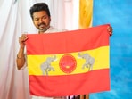Chennai: Actor-turned-politician and Tamilaga Vettri Kazhagam President Vijay unveils party's flag at party headquarters, on the outskirts of Chennai, Thursday, Aug. 22, 2024. (PTI Photo/R Senthilkumar)(PTI08_22_2024_000028A)