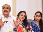 File photo of Siddique with actors Jomol and Ananya addressing the media on the Justice Hema Committee report in August.