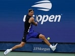 Alexander Zverev (GER) reaches for a backhand against Brandon Nakashima (USA)(not pictured) in a men's singles match on day seven of the 2024 U.S. Open tennis tournament at USTA Billie Jean King National Tennis Center