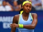 Coco Gauff of the U.S. grimaces after her loss to Emma Navarro of the U.S. in a round of 16 match