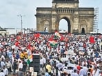 The ‘Jode Maro Andolan’ (hit with footwear) rally started with MVA leaders paying their respects to martyrs of the statehood movement at the iconic Hutatma Chowk and the statue of Shiv Sena founder Bal Thackeray in Colaba. It concluded at the equestrian statue of Shivaji near the gateway (Hindustan Times)
