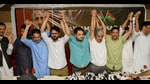 Awami Ittehad Party (AIP) leader Ishtiyaq Qadri along with senior leaders and newly joined former MLC Yasir Reshi during a press conference ahead of Assembly elections, in Srinagar on Monday. (PTI)