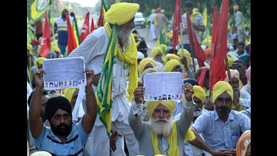 Farmers during their protest at Matka Chowk in Chandigarh on Monday. (Ravi Kumar/Hindustan Times)