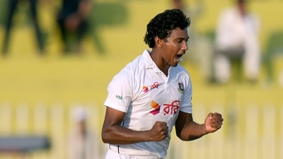 Bangladesh's Hasan Mahmud celebrates after taking the wicket of Pakistan's Abdullah Shafique. (AP) Bangladesh's Hasan Mahmud celebrates after taking the wicket of Pakistan's Abdullah Shafique. (AP)