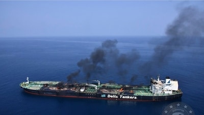 This photo released by the European Union's Operation Aspides naval force shows the Greek-flagged oil tanker Sounion burning in the Red Sea following a series of attacks by Yemen's Houthi rebels on Monday, Sept. 2, 2024. (AP) This photo released by the European Union's Operation Aspides naval force shows the Greek-flagged oil tanker Sounion burning in the Red Sea following a series of attacks by Yemen's Houthi rebels on Monday, Sept. 2, 2024. (AP)
