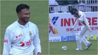 Shakib Al Hasan (L) couldn't suppress a laugh as he looked at Abrar Ahmed (X) Shakib Al Hasan (L) couldn't suppress a laugh as he looked at Abrar Ahmed (X)