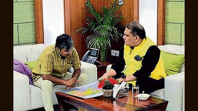 Rajya Sabha MP Sanjeev Arora with chairman of the National Highways Authority of India (NHAI), Santosh Kumar Yadav, in New Delhi on Monday. (HT Photo) Rajya Sabha MP Sanjeev Arora with chairman of the National Highways Authority of India (NHAI), Santosh Kumar Yadav, in New Delhi on Monday. (HT Photo)