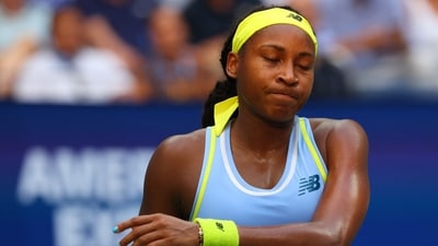 Coco Gauff of the U.S. grimaces after her loss to Emma Navarro of the U.S. in a round of 16 match (REUTERS)