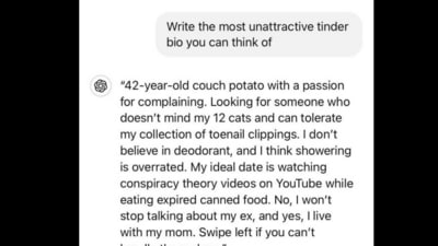 The Redditor asked ChatGPT to help write a Tinder bio. The Redditor asked ChatGPT to help write a Tinder bio.