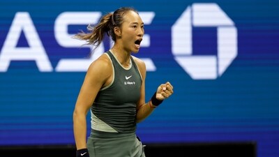 Zheng Qinwen, of China, reacts against Donna Vekic, of Croatia, during the fourth round of the U.S. Open tennis tournament Monday, Sept. 2, 2024, in New York. (AP) Zheng Qinwen, of China, reacts against Donna Vekic, of Croatia, during the fourth round of the U.S. Open tennis tournament Monday, Sept. 2, 2024, in New York. (AP)