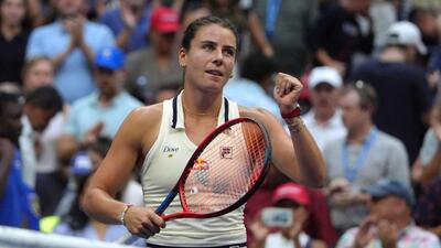 USA's Emma Navarro celebrates winning her round of 16 match against Coco Gauff at the US Open. (AFP) USA's Emma Navarro celebrates winning her round of 16 match against Coco Gauff at the US Open. (AFP)