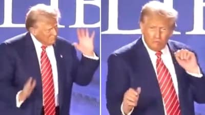 Donald Trump shakes a leg at Moms for Liberty event (@BoLoudon/X) Donald Trump shakes a leg at Moms for Liberty event (@BoLoudon/X)