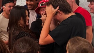 Gomez shared her interaction with Telluride High School students on social media, including photos and videos of her surprise visit after seeing a sign requesting her appearance at a volleyball game (Selena Gomez Instagram) Gomez shared her interaction with Telluride High School students on social media, including photos and videos of her surprise visit after seeing a sign requesting her appearance at a volleyball game (Selena Gomez Instagram)