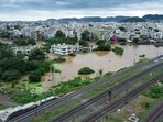 An aerial view of a partially submerged area after the Budameru Vagu River overflowed following heavy rainfall in Vijayawada. (ANI Photo)