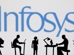 Figurines with computers and smartphones are seen in front of Infosys logo in this illustration. Infosys issues over 1,000 offer letters to 2022 campus hires after a 2.5-year delay, with joining on October 7, 2024.