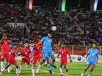 Manvir Singh (9) heads the ball during the Intercontinental Cup 2024 football match between India and Mauritius.