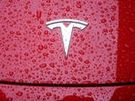 A Tesla logo is pictured on a car in the rain in the Manhattan borough of New York City. Tesla aims to produce a six-seat Model Y in China from late 2025 to enhance its best-selling EV's appeal. Suppliers have been asked to prepare for a significant output increase at the Shanghai factory.