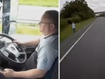 This image shows a driver looking at his phone while driving a lorry. He nearly ploughed his car into a family. 
