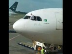 The pilot leaned out of the cockpit to clean the window. 