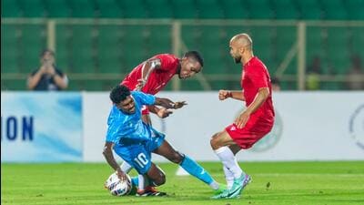 Action during the opening game between India and Mauritius in the Intercontinental Cup 2024 at Gachibowli Stadium, Hyderabad on Tuesday. (AIFF Photo) Action during the opening game between India and Mauritius in the Intercontinental Cup 2024 at Gachibowli Stadium, Hyderabad on Tuesday. (AIFF Photo)