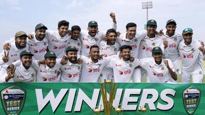 Bangladesh players after winning Test series against Pakistan in Rawalpindi on Tuesday. (AP) Bangladesh players after winning Test series against Pakistan in Rawalpindi on Tuesday. (AP)