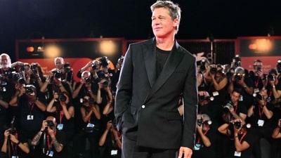 Brad Pitt at the red carpet of the movie Wolfs during the 81st International Venice Film Festival at Venice Lido. (AFP)