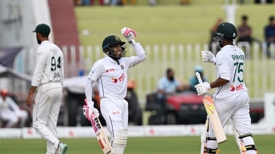 Bangladesh's Mushfiqur Rahim (L) and Shakib Al Hasan celebrate after winning the second and last Test match to complete a 2-0 whitewash over Pakistan. (AFP) Bangladesh's Mushfiqur Rahim (L) and Shakib Al Hasan celebrate after winning the second and last Test match to complete a 2-0 whitewash over Pakistan. (AFP)