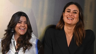 Ekta Kapoor and Kareena Kapoor Khan attend the trailer launch of their upcoming movie The Buckingham Murders in Mumbai on September 3, 2024. (Photo by Sujit JAISWAL / AFP) (AFP)